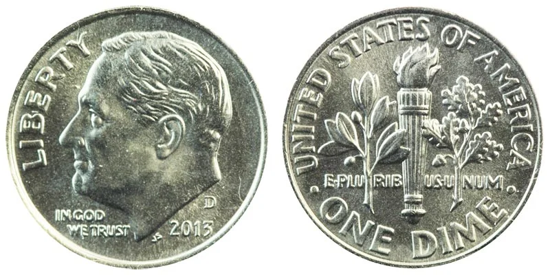 2013 Roosevelt dime obverse and reverse showing mint state condition and Full Bands on torch