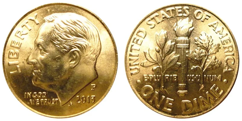 Side-by-side comparison of 2013 dime with merged torch bands versus Full Bands specimen