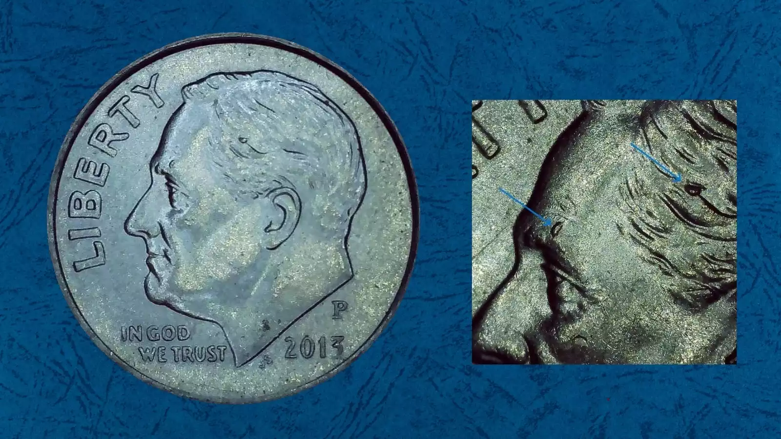 2013-P Roosevelt dime die chip error showing raised bump on obverse surface