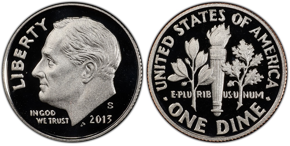 Grading strip showing four 2013 Roosevelt dimes from Worn to Gem Mint State condition